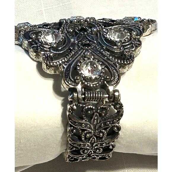 Statement Filigree Bracelet Clear and Black Stones on Silver Tone Hinged Clamper - Picture 5 of 10